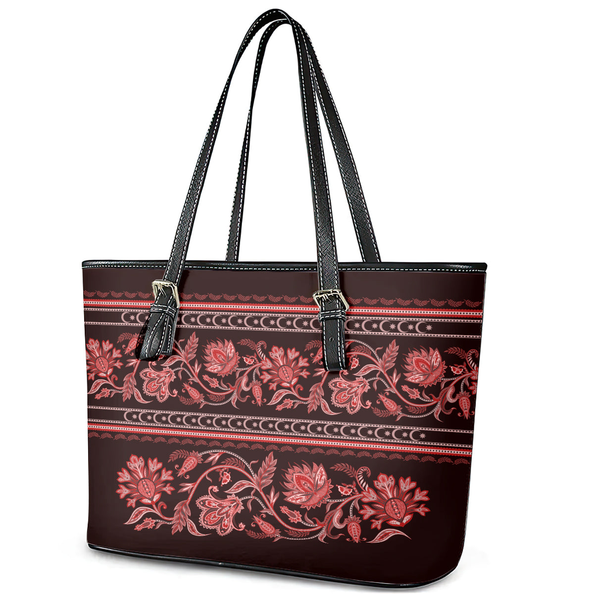 Azerbaijan Leather Tote Bag Traditional Pattern Ornament With Flowers Buta Red LT9