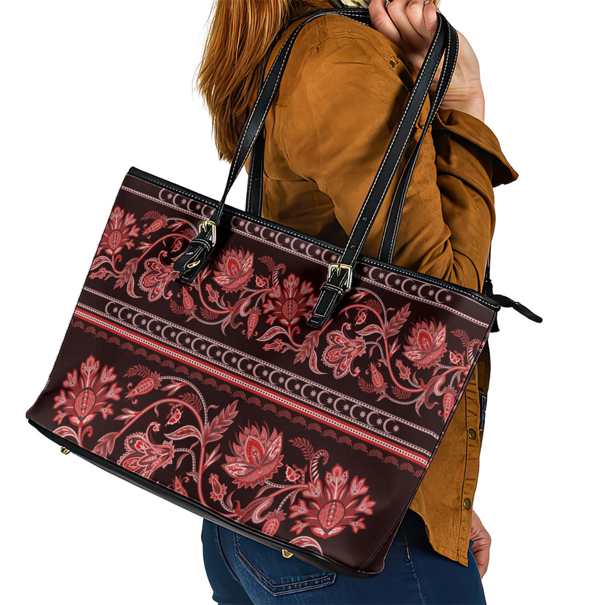 Azerbaijan Leather Tote Bag Traditional Pattern Ornament With Flowers Buta Red LT9