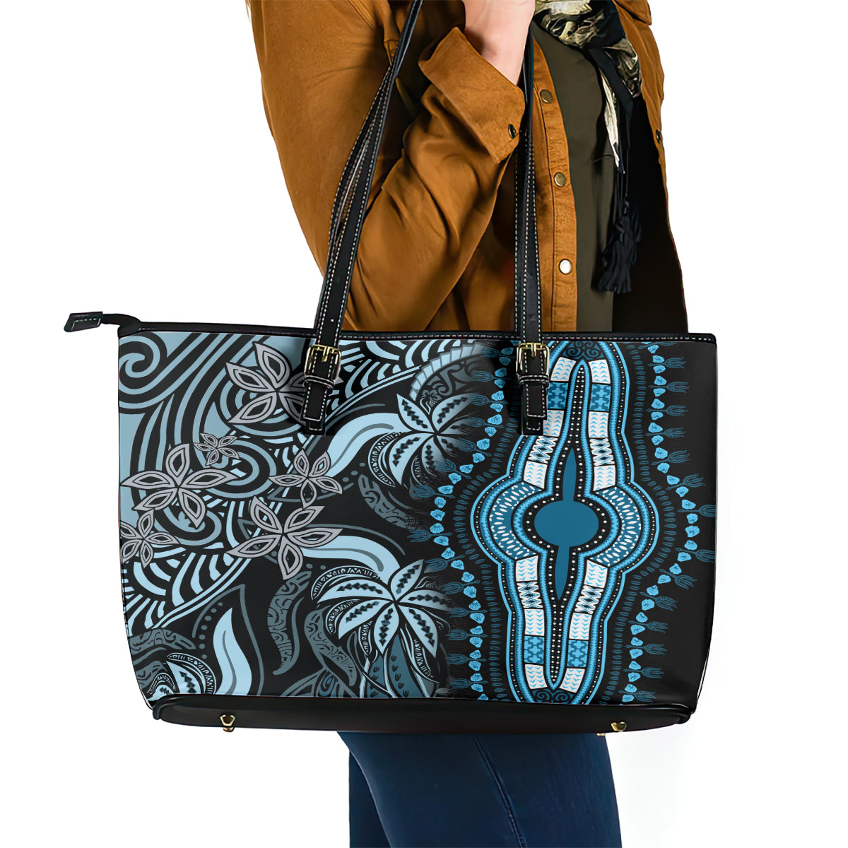 Polynesia Dashiki Leather Tote Bag Polynesia and Africa Traditional Special Together Blue LT9
