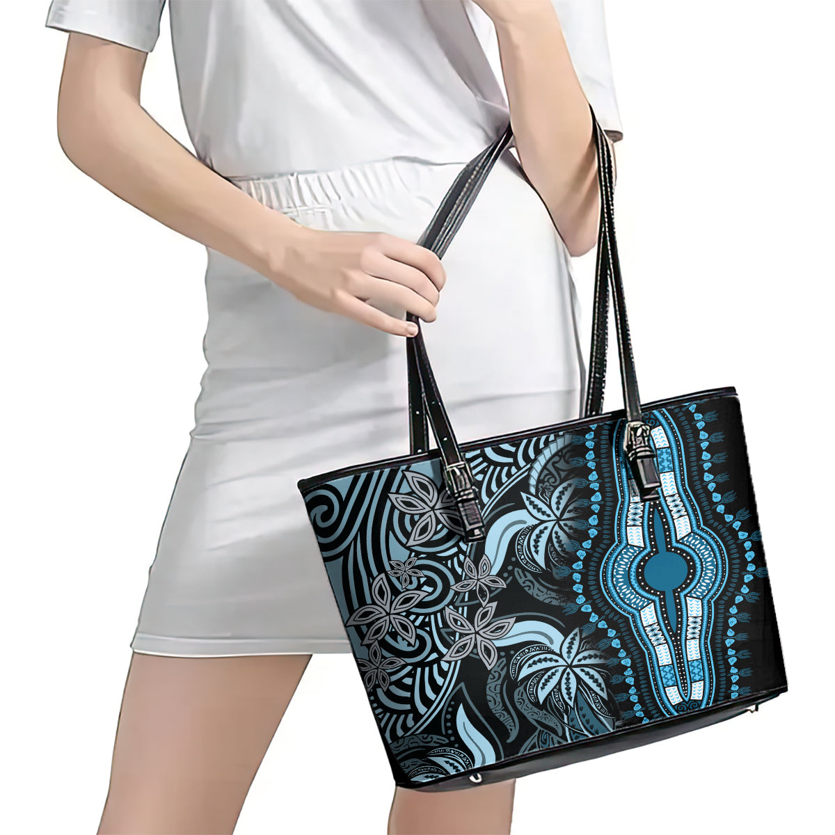 Polynesia Dashiki Leather Tote Bag Polynesia and Africa Traditional Special Together Blue LT9