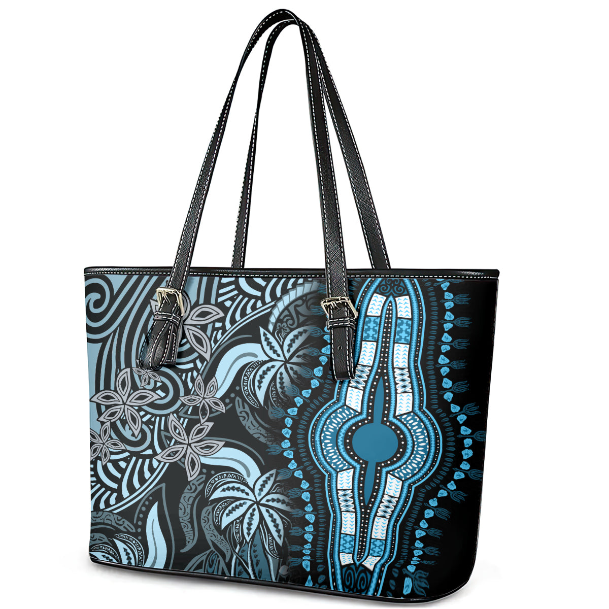 Polynesia Dashiki Leather Tote Bag Polynesia and Africa Traditional Special Together Blue LT9