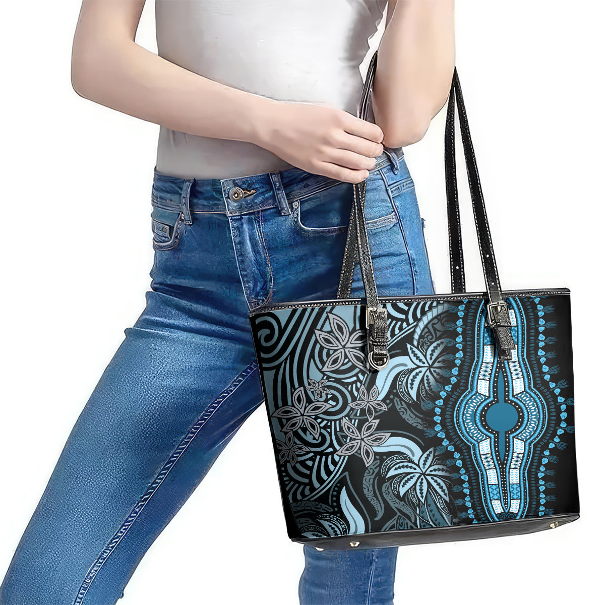 Polynesia Dashiki Leather Tote Bag Polynesia and Africa Traditional Special Together Blue LT9