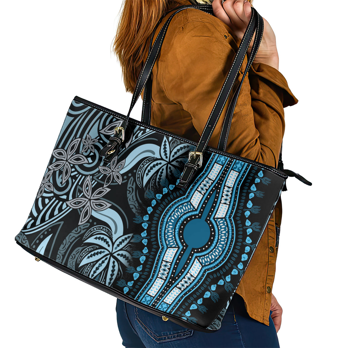 Polynesia Dashiki Leather Tote Bag Polynesia and Africa Traditional Special Together Blue LT9