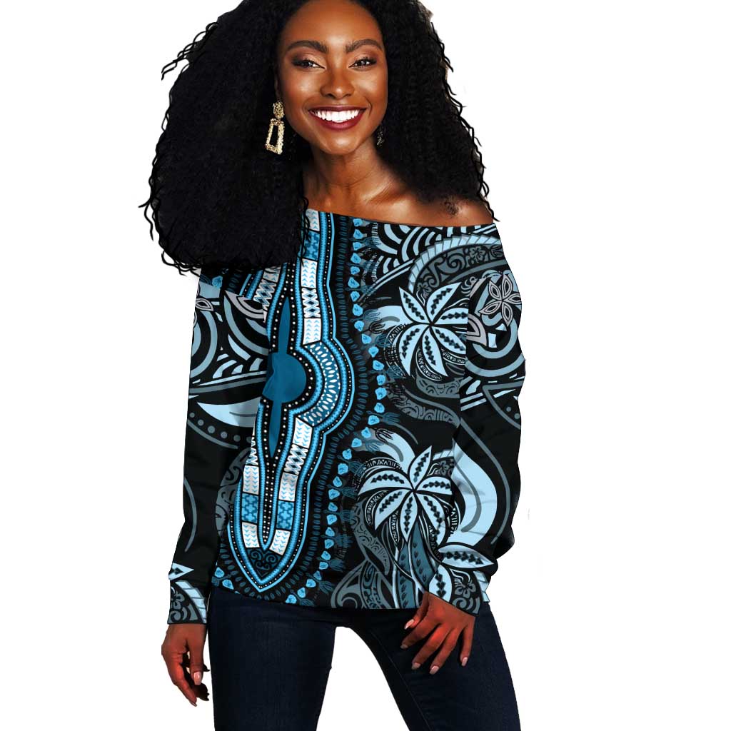Polynesia Mixed African Dashiki Off Shoulder Sweater Afro-pacific Culture - Blue LT9