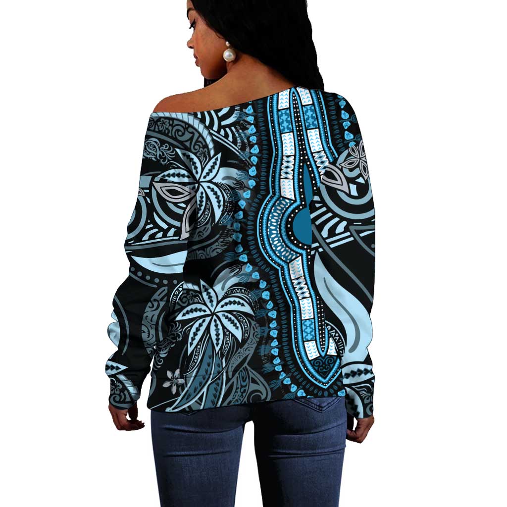 Polynesia Mixed African Dashiki Off Shoulder Sweater Afro-pacific Culture - Blue LT9