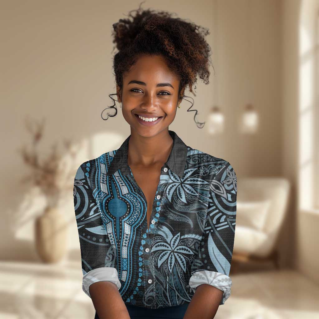 Polynesia Mixed African Dashiki Women Casual Shirt Afro-pacific Culture - Blue LT9