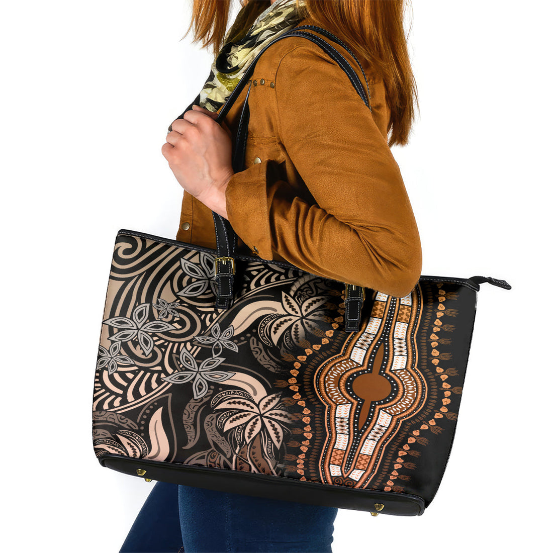 Polynesia Dashiki Leather Tote Bag Polynesia and Africa Traditional Special Together Gold LT9