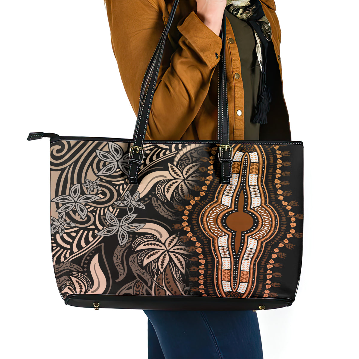 Polynesia Dashiki Leather Tote Bag Polynesia and Africa Traditional Special Together Gold LT9