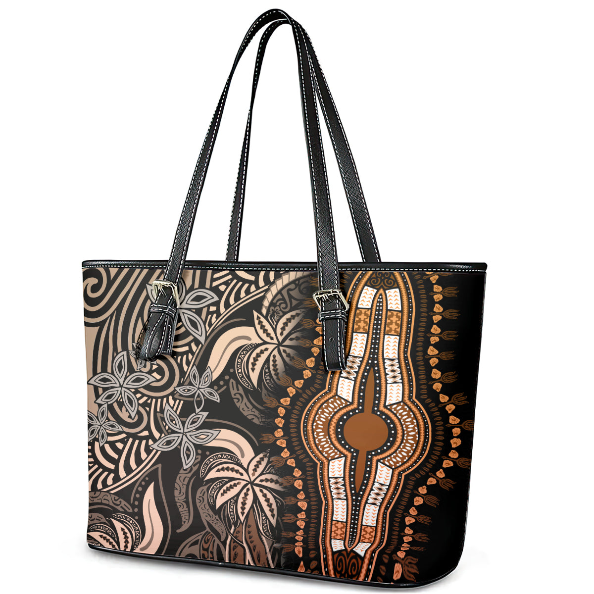 Polynesia Dashiki Leather Tote Bag Polynesia and Africa Traditional Special Together Gold LT9
