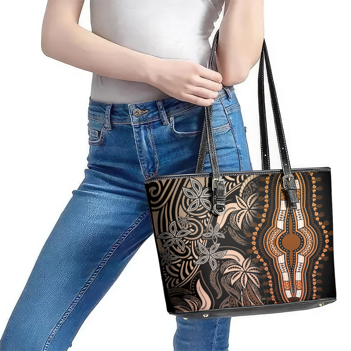 Polynesia Dashiki Leather Tote Bag Polynesia and Africa Traditional Special Together Gold LT9