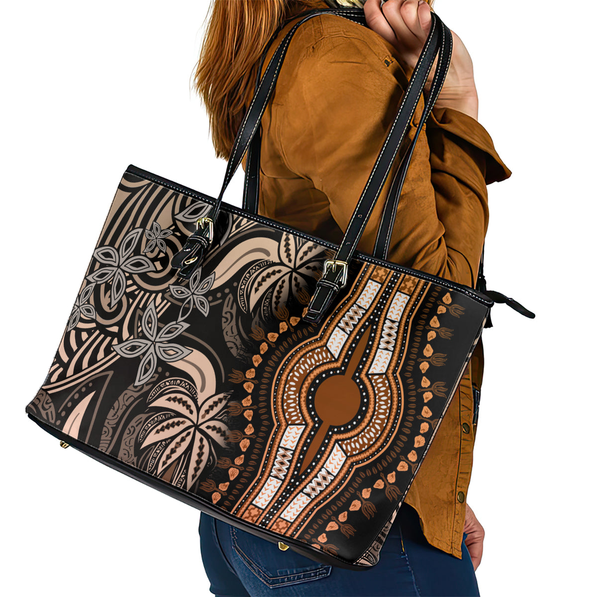 Polynesia Dashiki Leather Tote Bag Polynesia and Africa Traditional Special Together Gold LT9