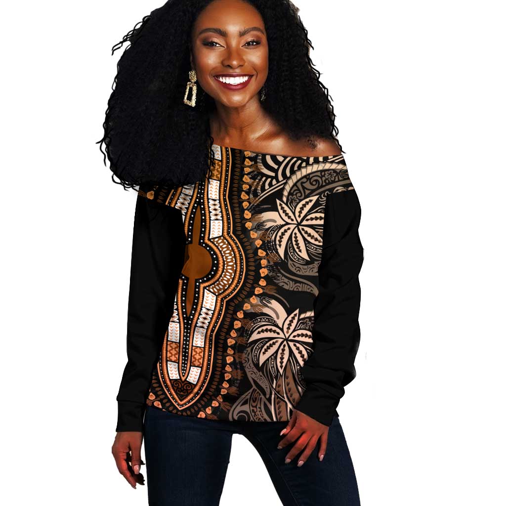 Polynesia Mixed African Dashiki Off Shoulder Sweater Afro-pacific Culture - Gold LT9