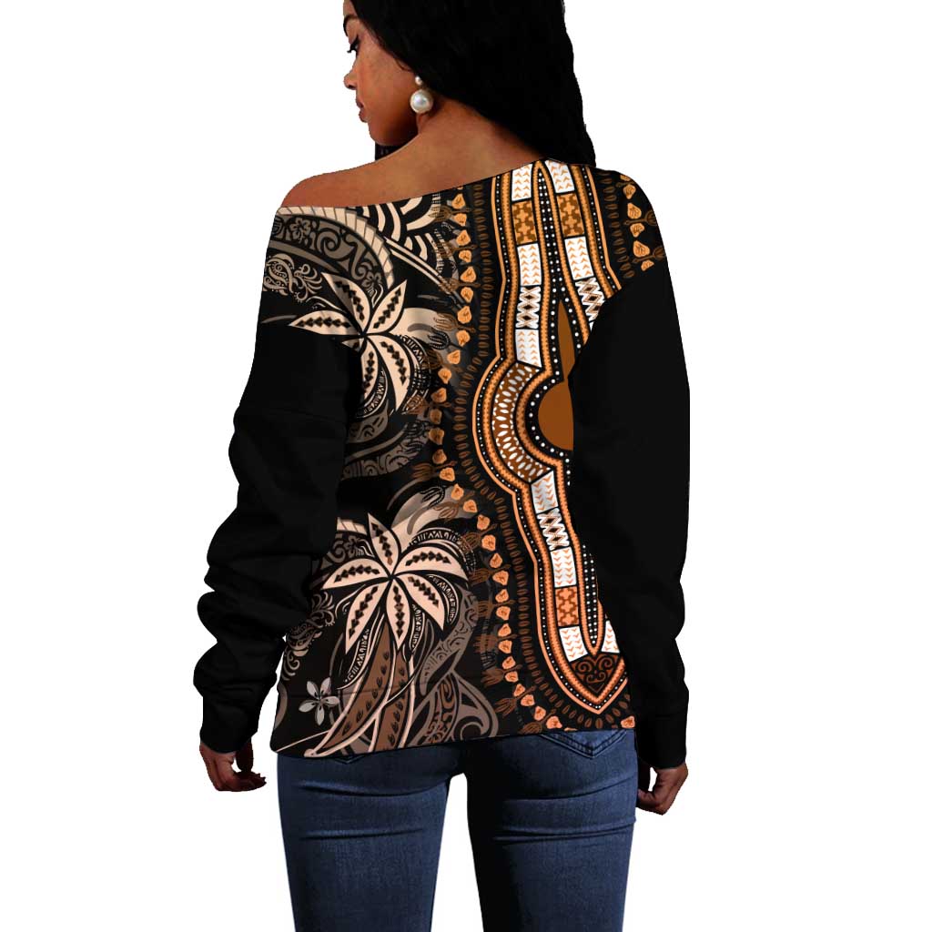 Polynesia Mixed African Dashiki Off Shoulder Sweater Afro-pacific Culture - Gold LT9