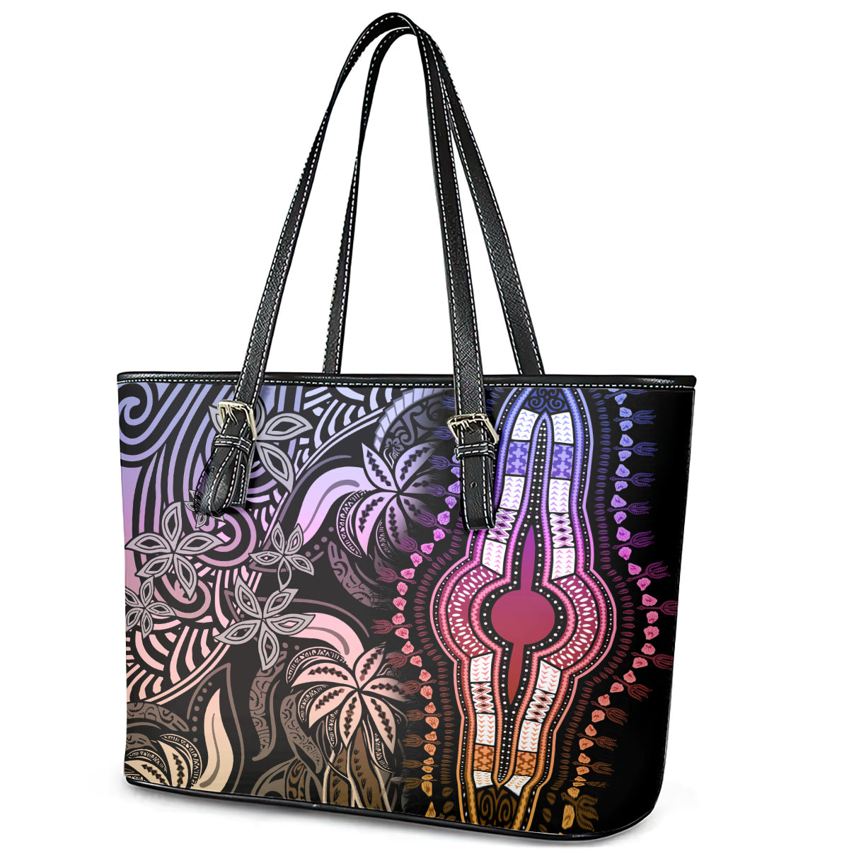 Polynesia Dashiki Leather Tote Bag Polynesia and Africa Traditional Special Together Pastel LT9