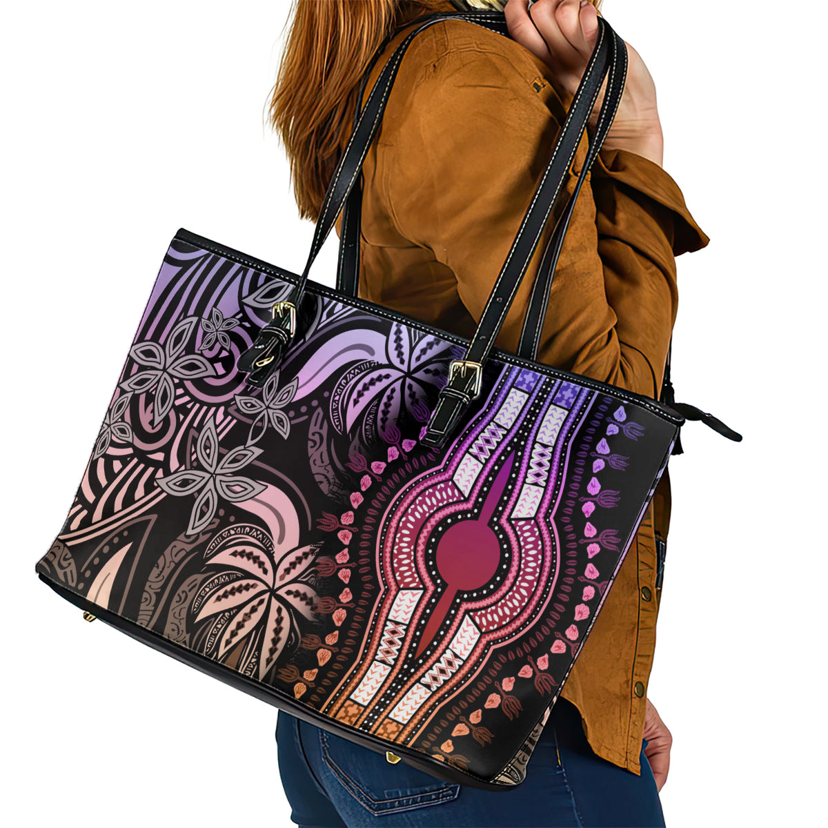 Polynesia Dashiki Leather Tote Bag Polynesia and Africa Traditional Special Together Pastel LT9