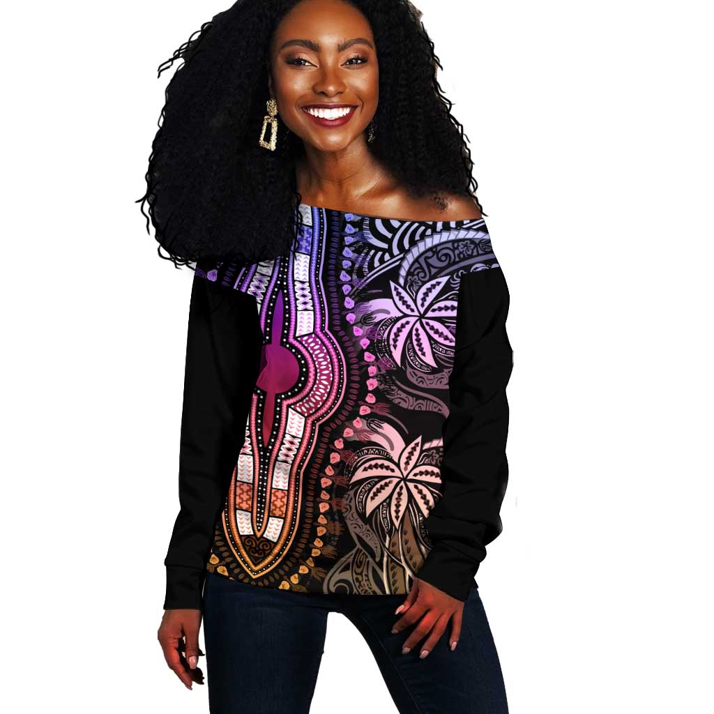 Polynesia Mixed African Dashiki Off Shoulder Sweater Afro-pacific Culture - Pastel LT9