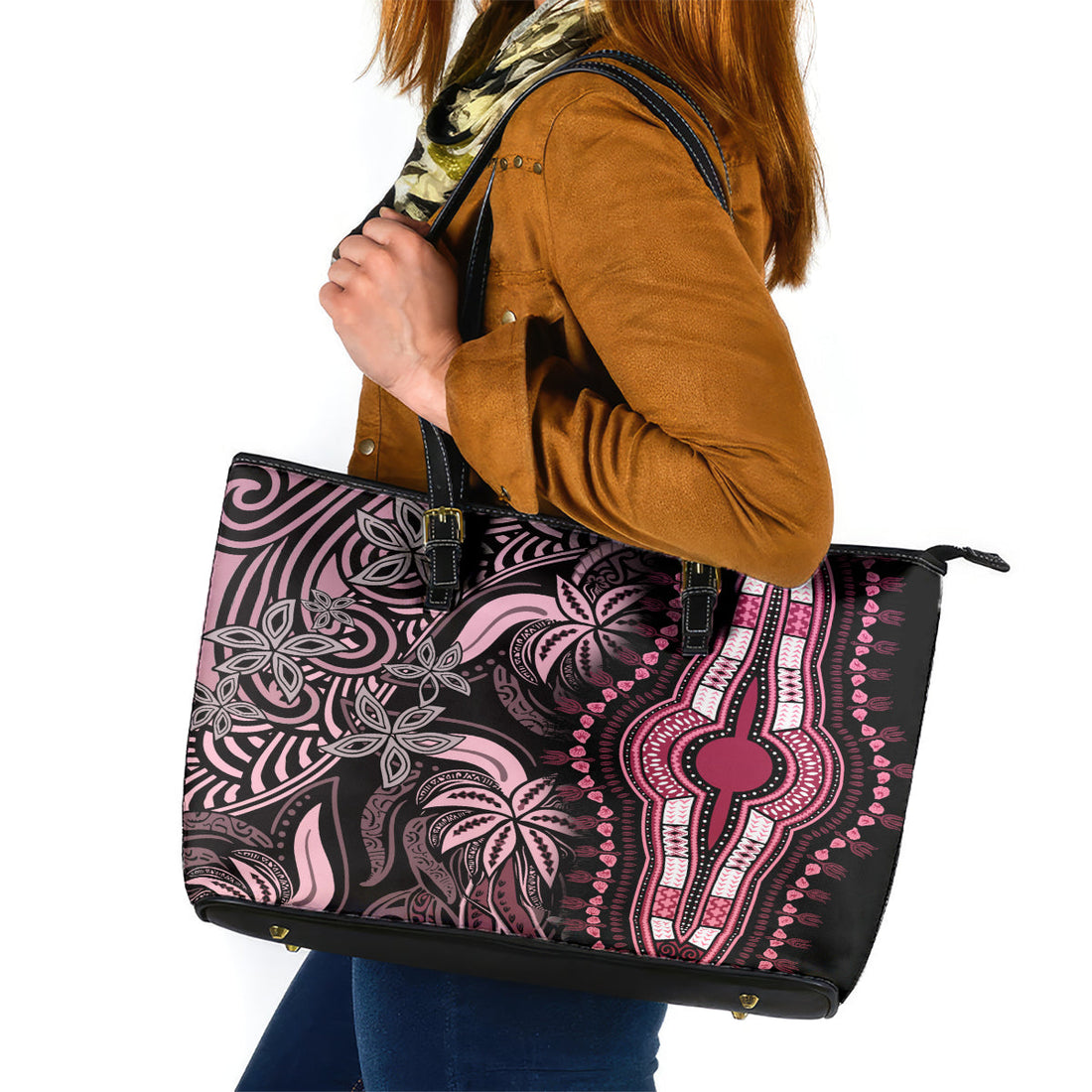 Polynesia Dashiki Leather Tote Bag Polynesia and Africa Traditional Special Together Pink LT9