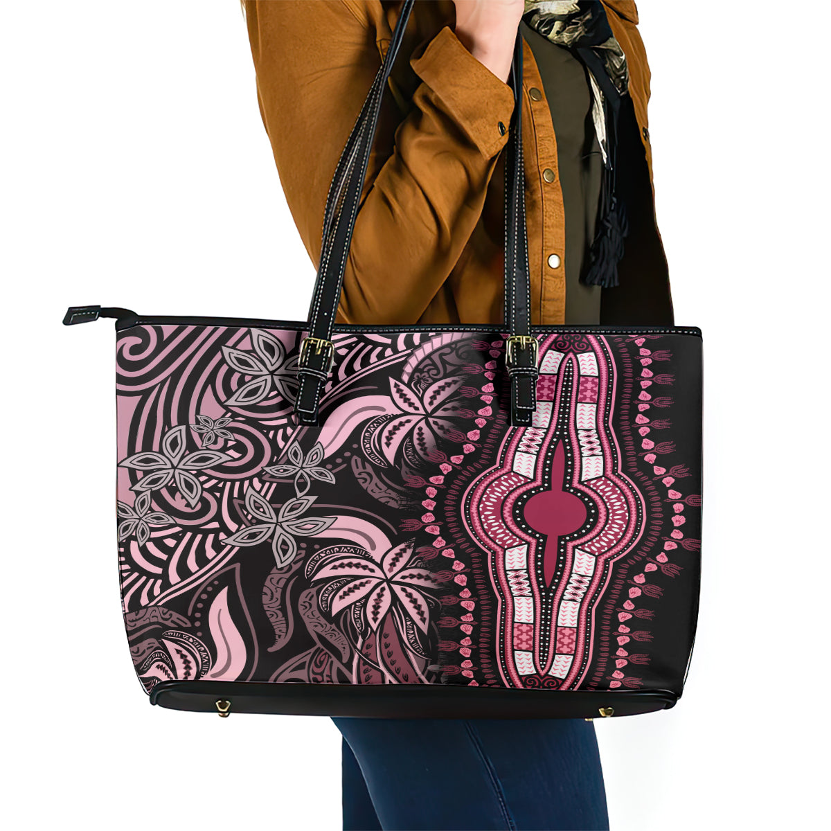 Polynesia Dashiki Leather Tote Bag Polynesia and Africa Traditional Special Together Pink LT9