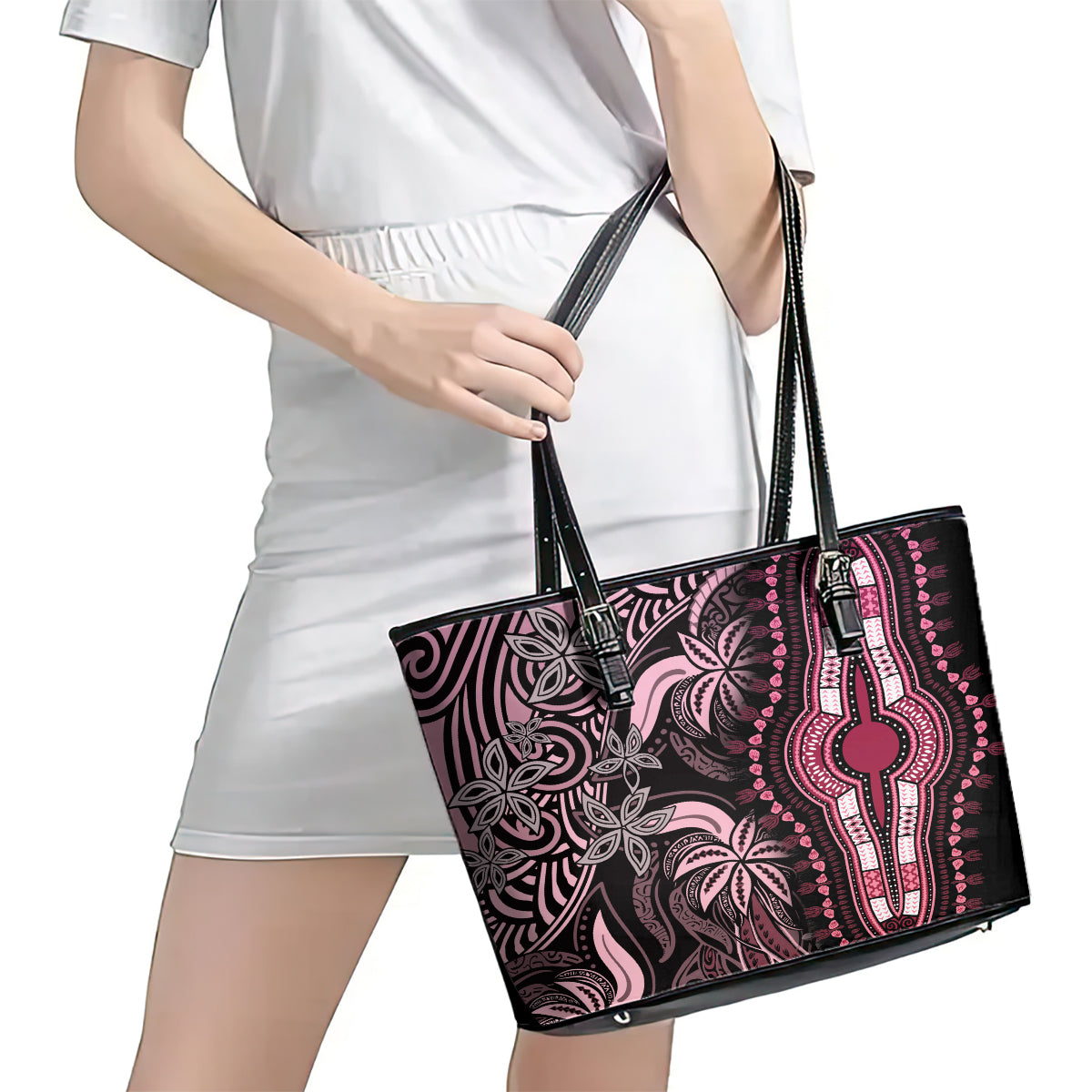 Polynesia Dashiki Leather Tote Bag Polynesia and Africa Traditional Special Together Pink LT9