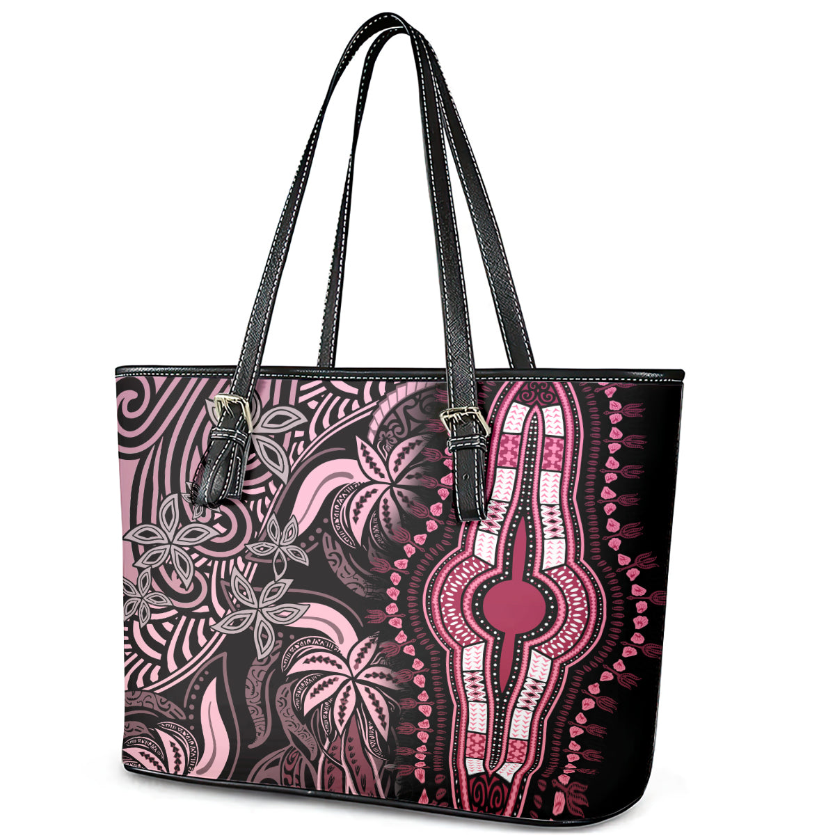 Polynesia Dashiki Leather Tote Bag Polynesia and Africa Traditional Special Together Pink LT9