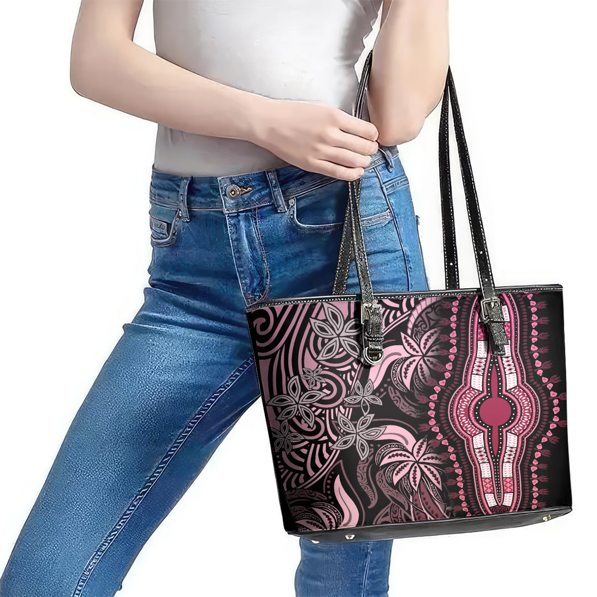Polynesia Dashiki Leather Tote Bag Polynesia and Africa Traditional Special Together Pink LT9