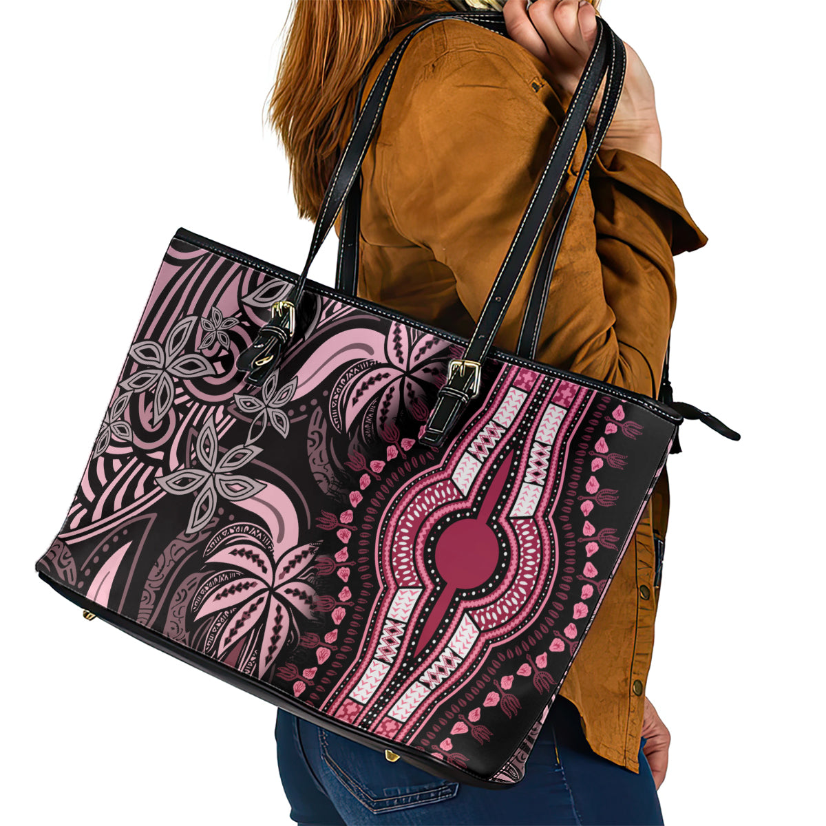 Polynesia Dashiki Leather Tote Bag Polynesia and Africa Traditional Special Together Pink LT9