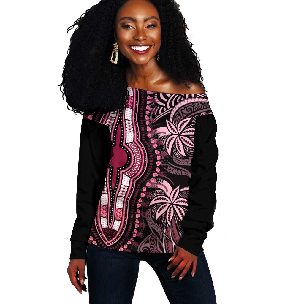 Polynesia Mixed African Dashiki Off Shoulder Sweater Afro-pacific Culture - Pink LT9