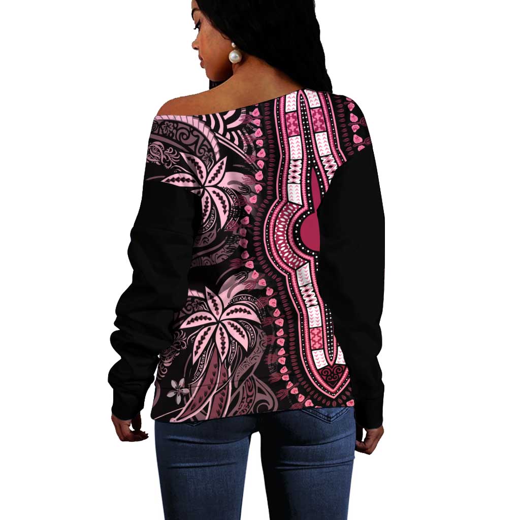 Polynesia Mixed African Dashiki Off Shoulder Sweater Afro-pacific Culture - Pink LT9
