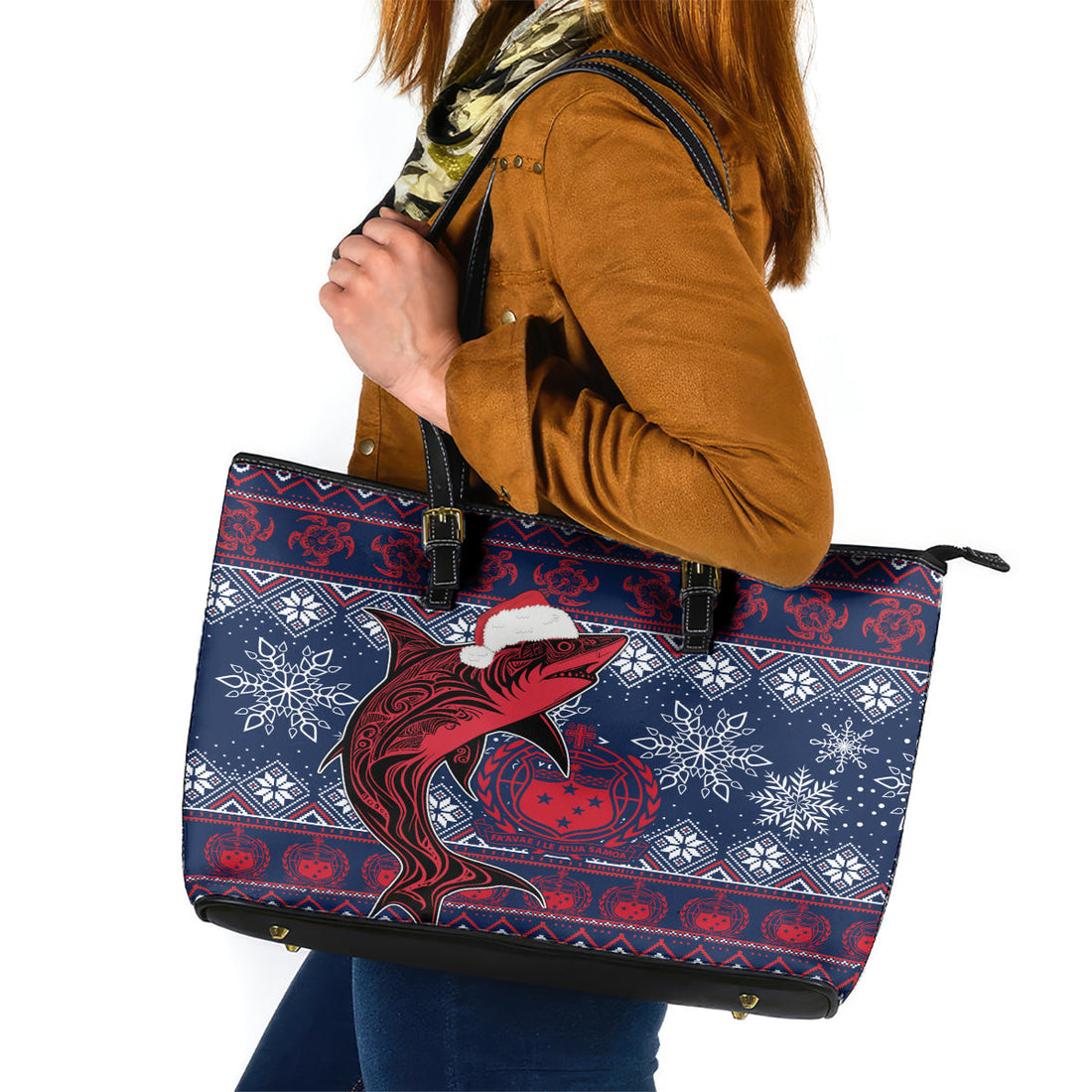 Samoa Manuia Le Kirisimasi Leather Tote Bag Samoan Fishing Tribal Pattern Christmas Vibe LT9