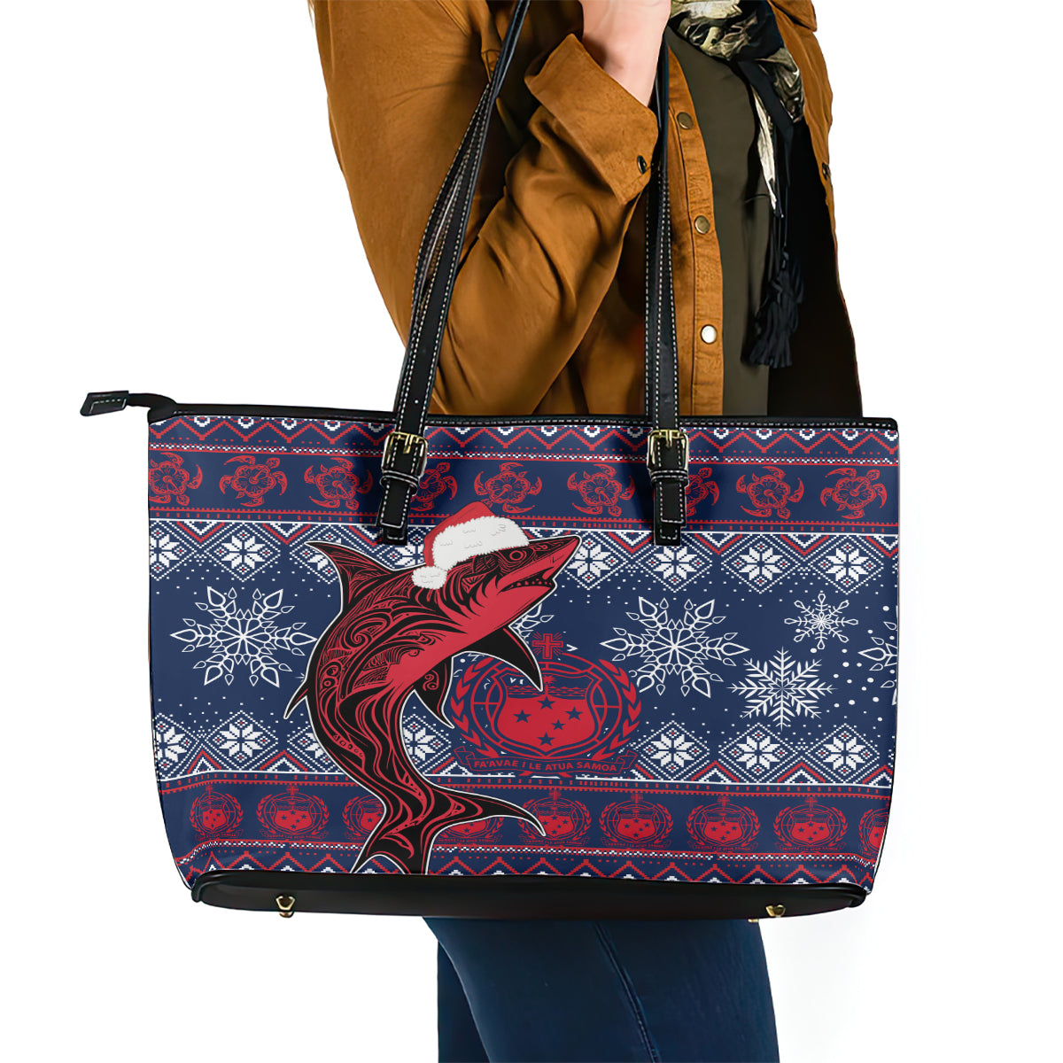 Samoa Manuia Le Kirisimasi Leather Tote Bag Samoan Fishing Tribal Pattern Christmas Vibe LT9