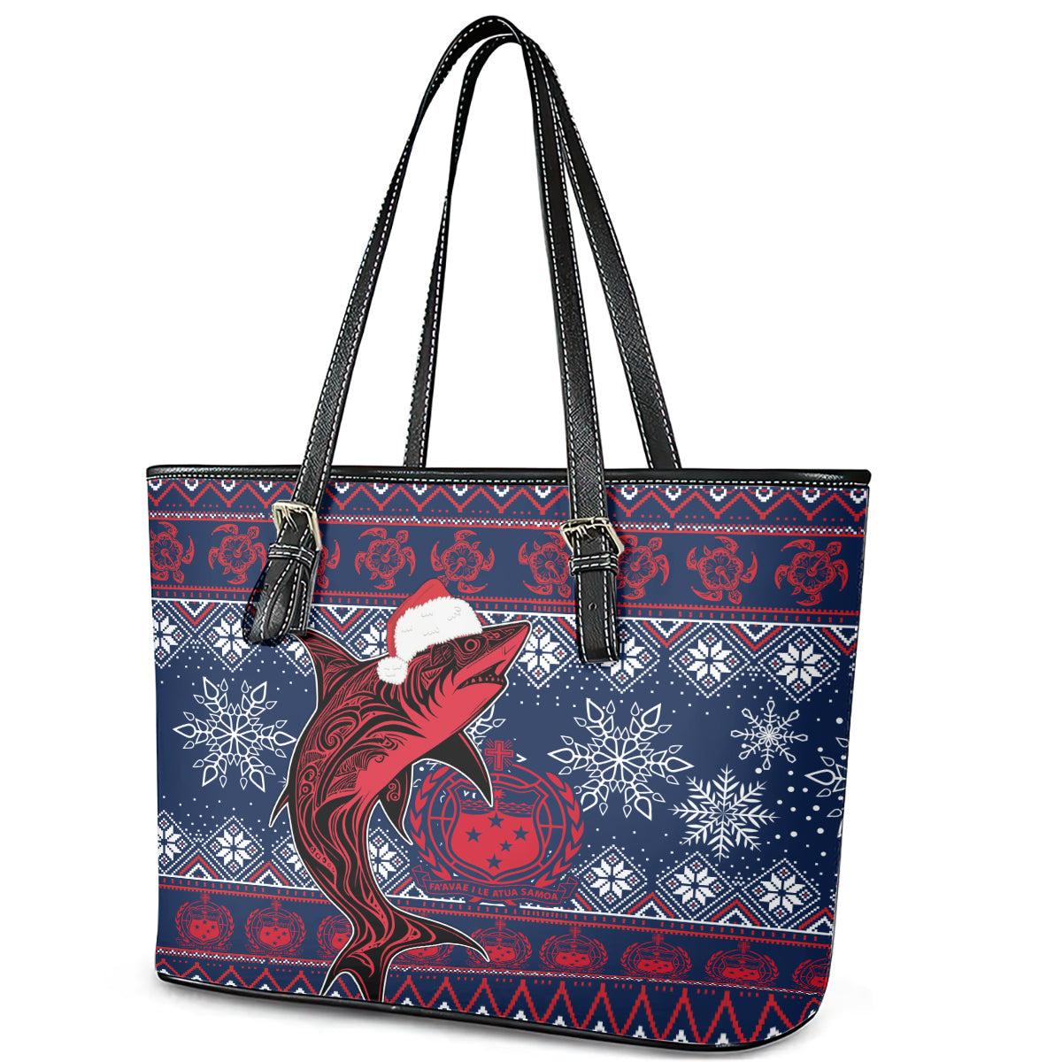Samoa Manuia Le Kirisimasi Leather Tote Bag Samoan Fishing Tribal Pattern Christmas Vibe LT9