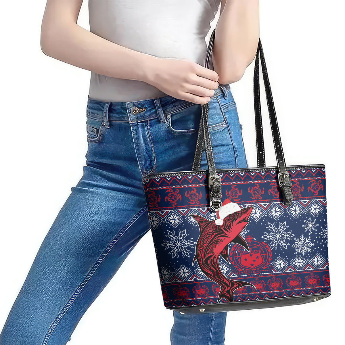Samoa Manuia Le Kirisimasi Leather Tote Bag Samoan Fishing Tribal Pattern Christmas Vibe LT9