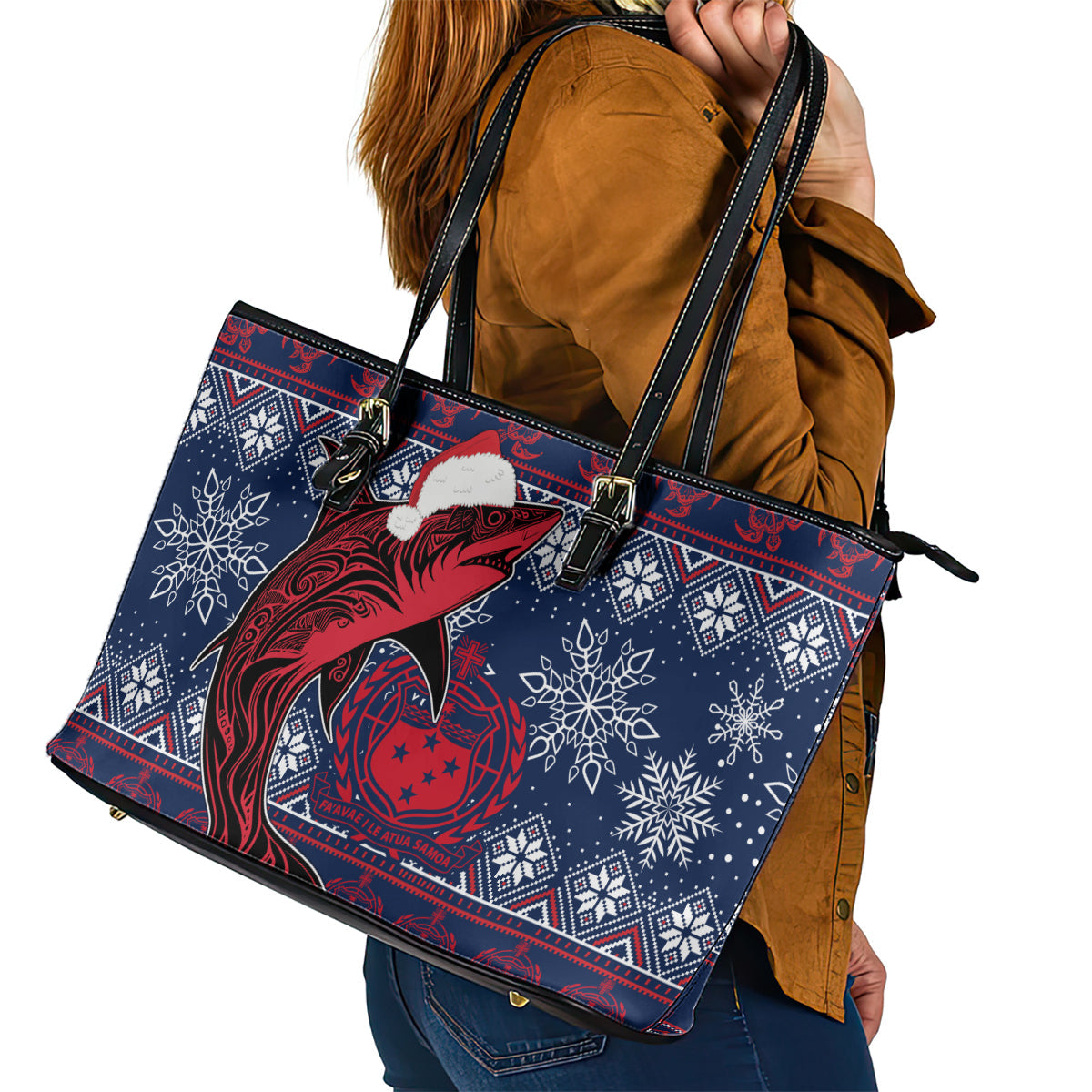 Samoa Manuia Le Kirisimasi Leather Tote Bag Samoan Fishing Tribal Pattern Christmas Vibe LT9