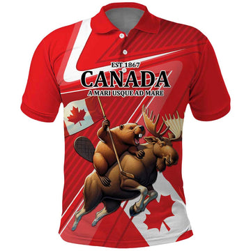 Personalized Beaver and Moose Happy Canada Day Polo Shirt Est 1867 A Mari Usque Ad Mare LT9