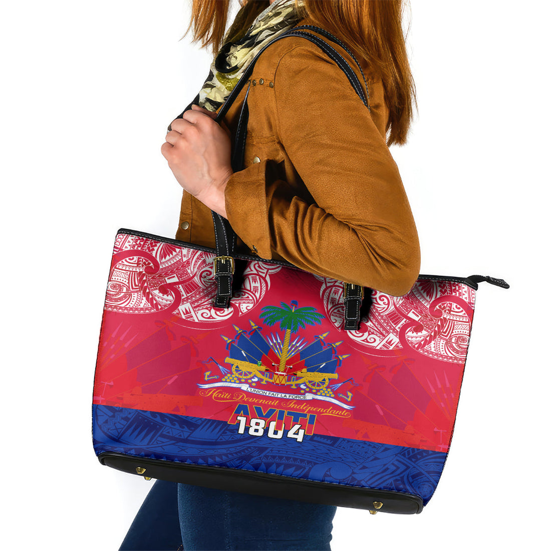 Haiti Independence Day Leather Tote Bag Libete Egalite Fratenite Ayiti 1804 With Polynesian Pattern LT9