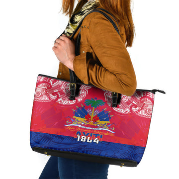 Haiti Independence Day Leather Tote Bag Libete Egalite Fratenite Ayiti 1804 With Polynesian Pattern LT9