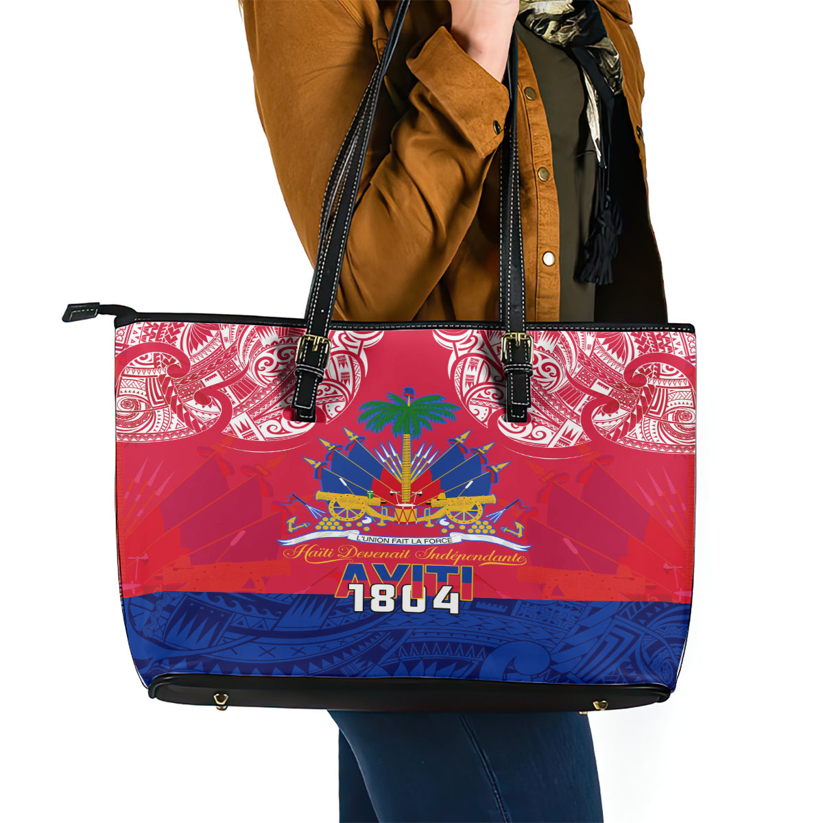 Haiti Independence Day Leather Tote Bag Libete Egalite Fratenite Ayiti 1804 With Polynesian Pattern LT9