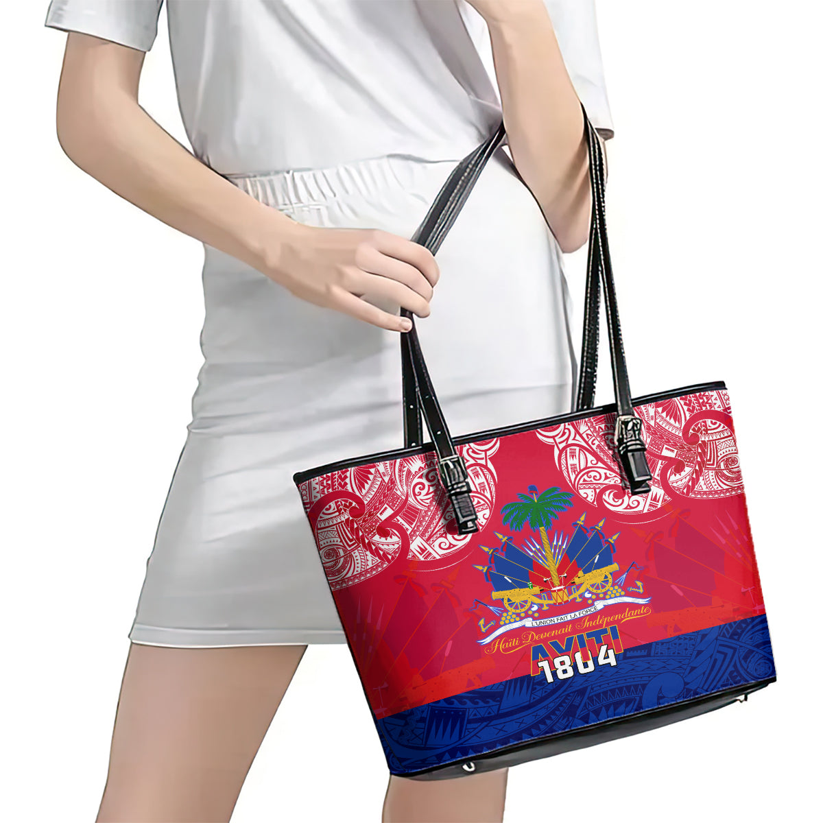 Haiti Independence Day Leather Tote Bag Libete Egalite Fratenite Ayiti 1804 With Polynesian Pattern LT9