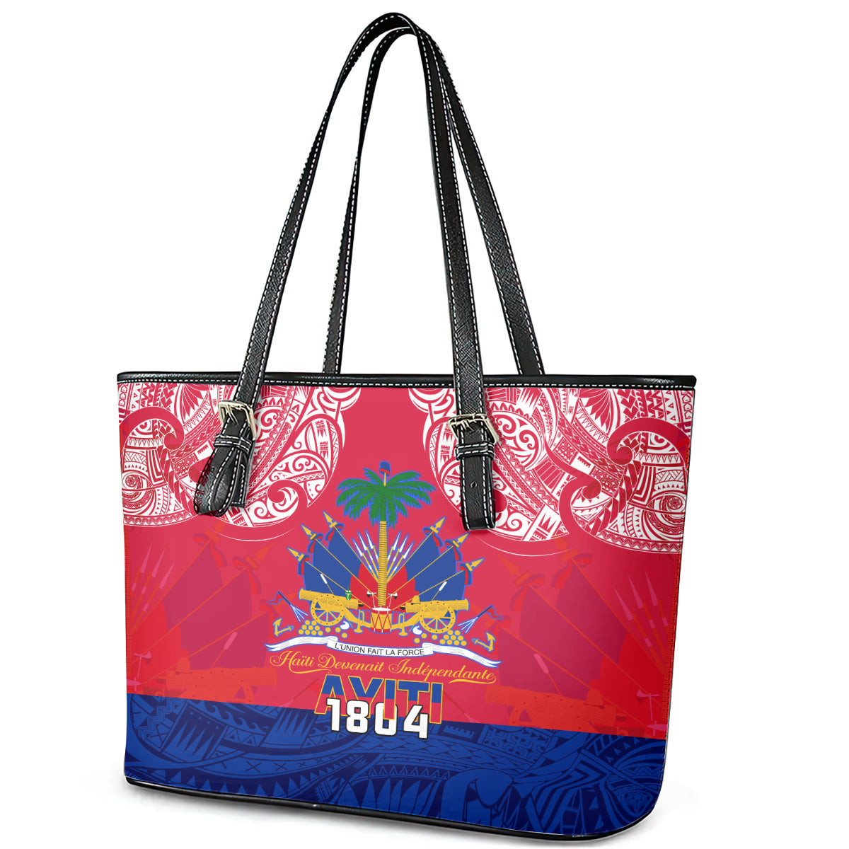 Haiti Independence Day Leather Tote Bag Libete Egalite Fratenite Ayiti 1804 With Polynesian Pattern LT9