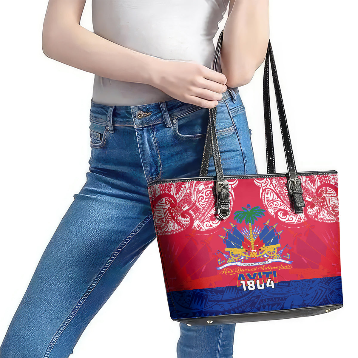 Haiti Independence Day Leather Tote Bag Libete Egalite Fratenite Ayiti 1804 With Polynesian Pattern LT9