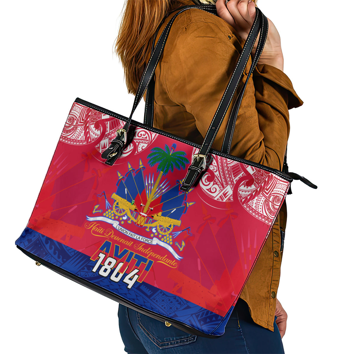 Haiti Independence Day Leather Tote Bag Libete Egalite Fratenite Ayiti 1804 With Polynesian Pattern LT9