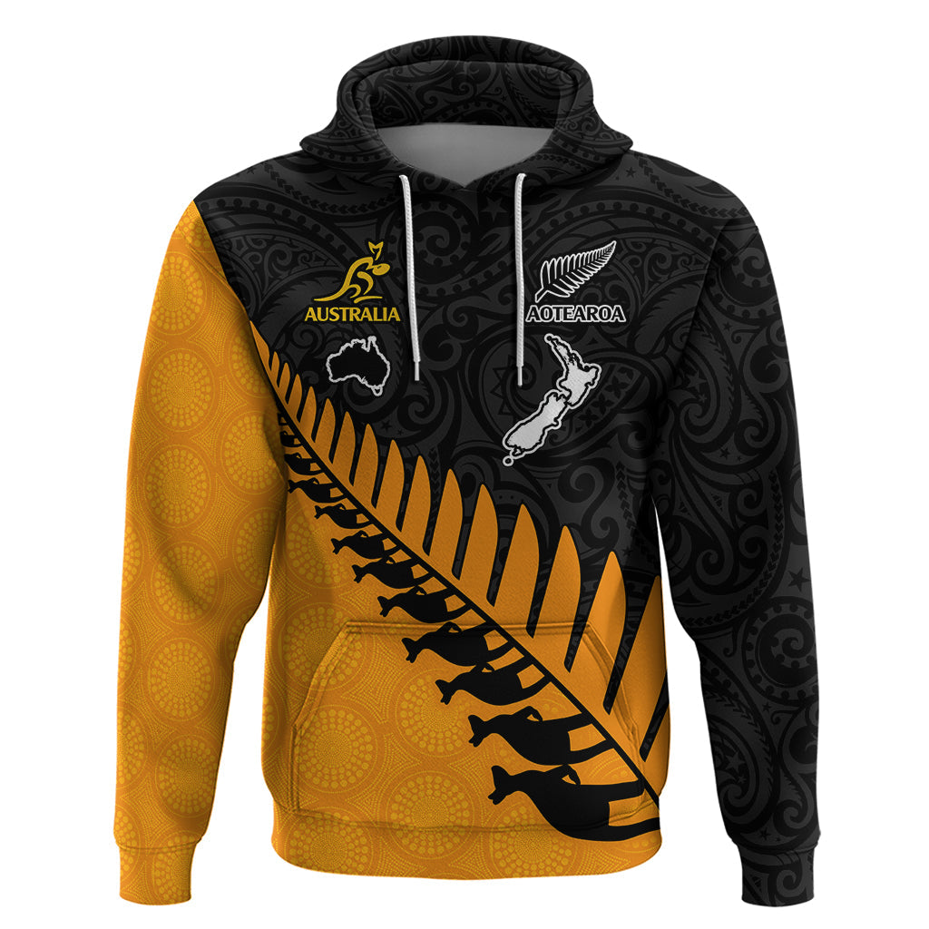 Australia Wallabies and Aotearoa Rugby Hoodie Kangaroo Black Fern Maori Gold Vibe LT9