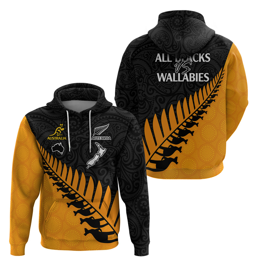 Australia Wallabies and Aotearoa Rugby Hoodie Kangaroo Black Fern Maori Gold Vibe LT9