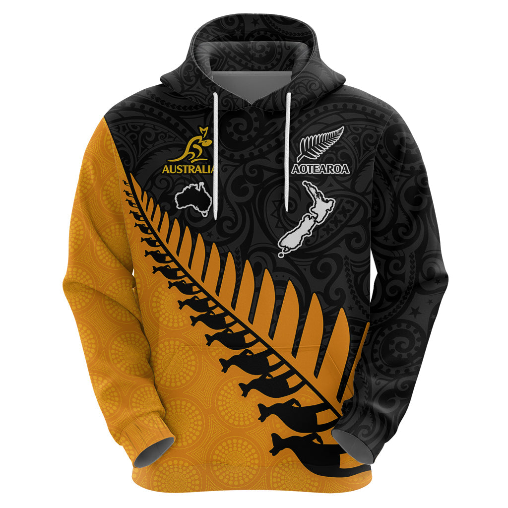 Australia Wallabies and Aotearoa Rugby Hoodie Kangaroo Black Fern Maori Gold Vibe LT9