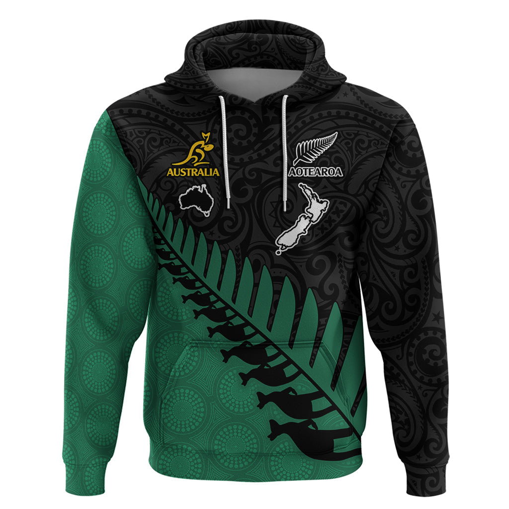 Australia Wallabies and Aotearoa Rugby Hoodie Kangaroo Black Fern Maori Green Vibe LT9