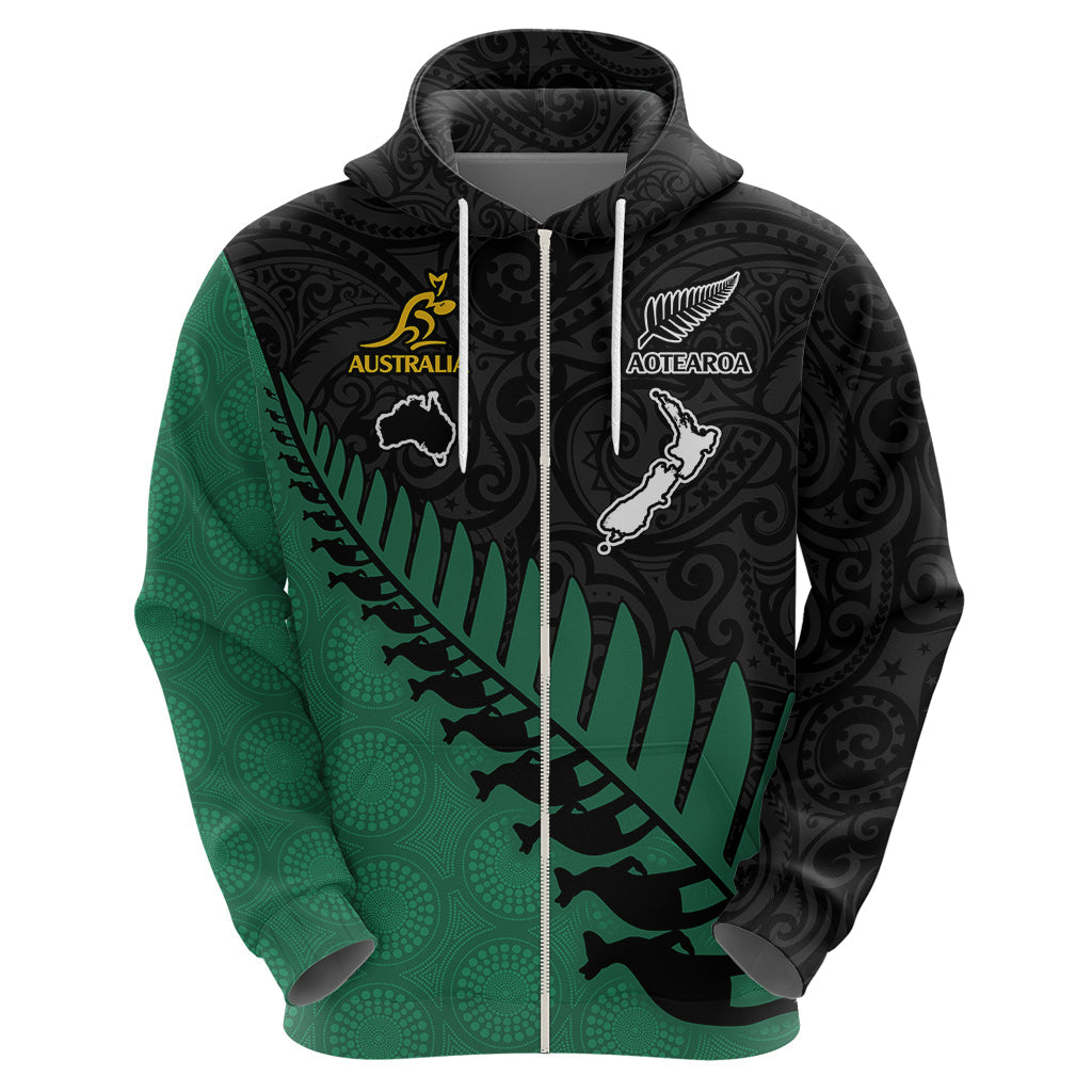 Australia Wallabies and Aotearoa Rugby Hoodie Kangaroo Black Fern Maori Green Vibe LT9