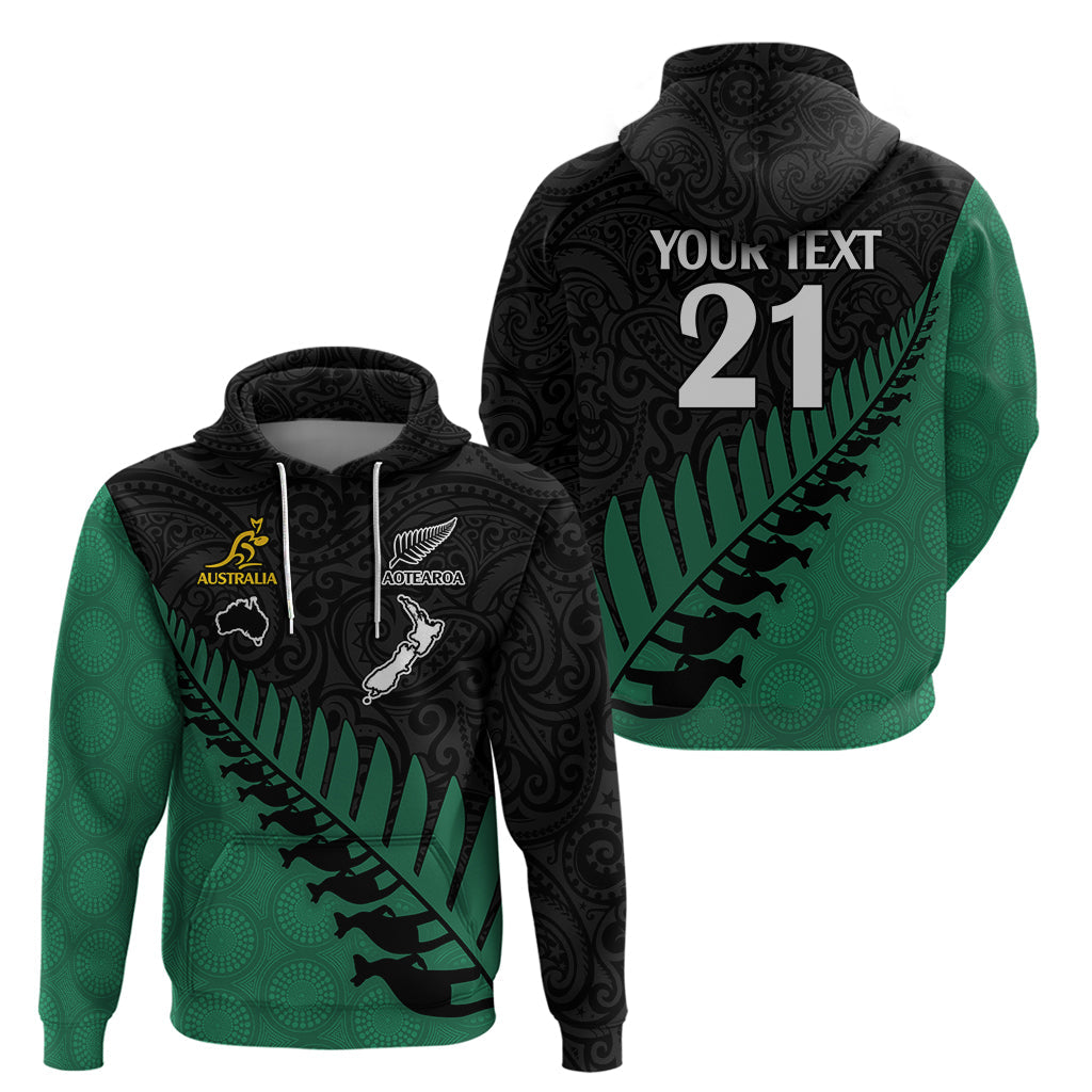 Custom Australia Wallabies and Aotearoa Rugby Hoodie Kangaroo Black Fern Maori Green Vibe LT9