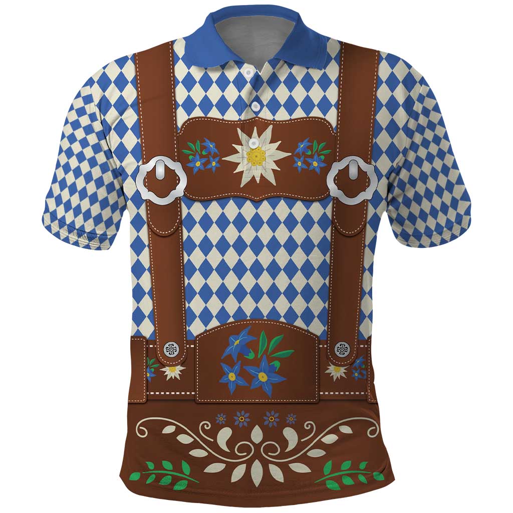 Lederhosen Oktoberfest Polo Shirt Blue Edelweiss Floral Polka Dots LT9