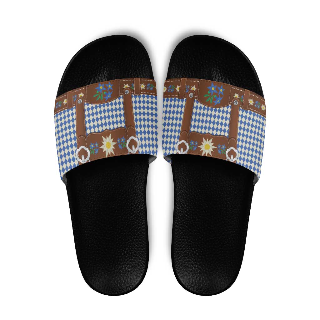 Lederhosen Oktoberfest Slide Sandals Blue Edelweiss Floral Polka Dots LT9