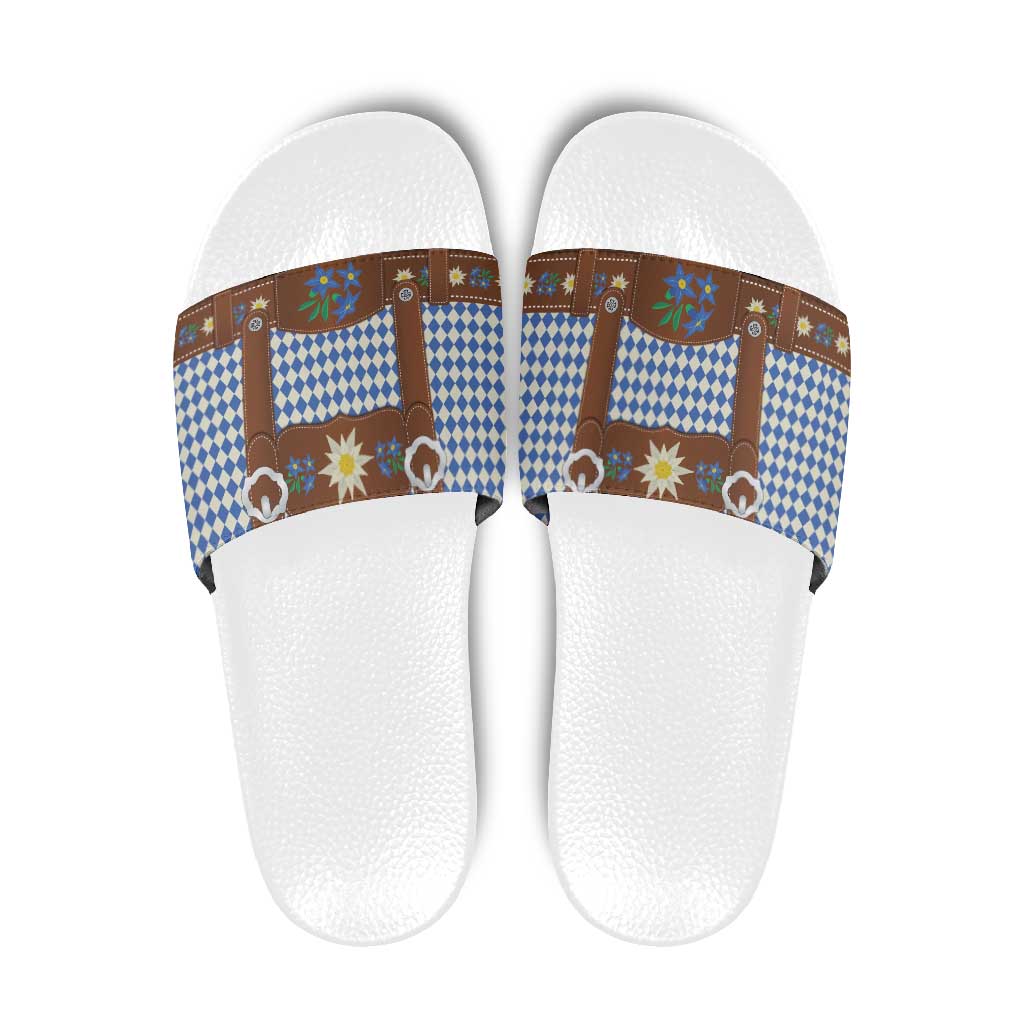 Lederhosen Oktoberfest Slide Sandals Blue Edelweiss Floral Polka Dots LT9